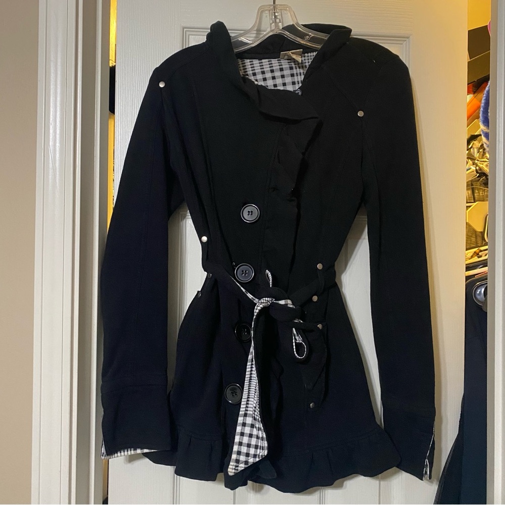 Daytrip Black Trench Coat with Checkered Accents